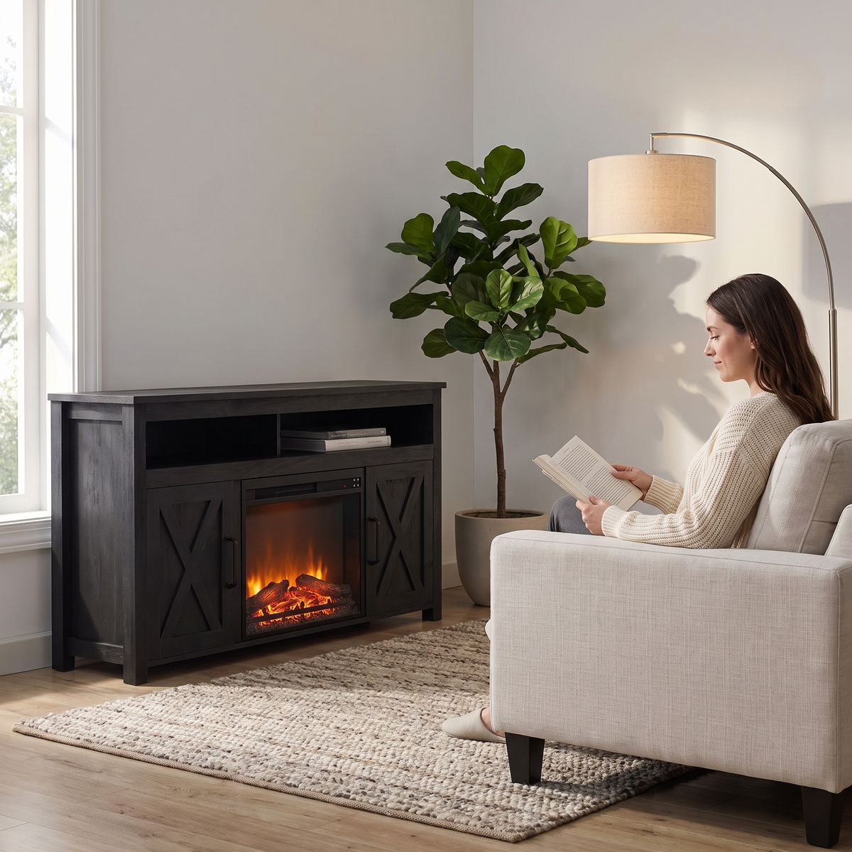 58 Inch Electric Fireplace TV Stand for TVs up to 65 Inch, Farmhouse Media Console Entertainment Center for Living Rooms shown in a styled living room with a person relaxing nearby