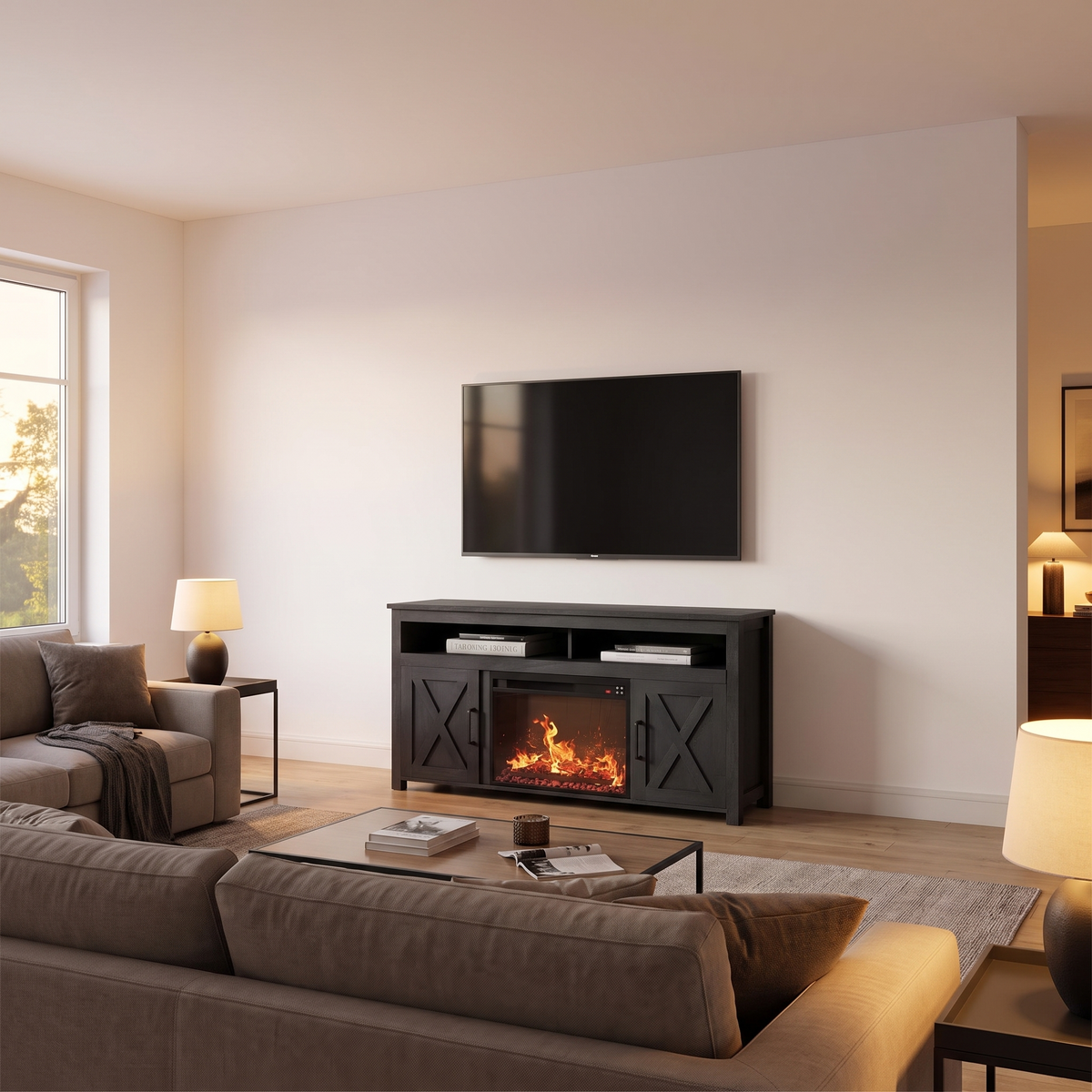 58 Inch Electric Fireplace TV Stand for TVs up to 65 Inch, Farmhouse Media Console Entertainment Center for Living Rooms viewed across a furnished room, showing its scale against the wall