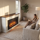 75 Inch Electric Fireplace TV Stand, Farmhouse Media Console Entertainment Center for Living Rooms shown in a styled living room with a person relaxing nearby