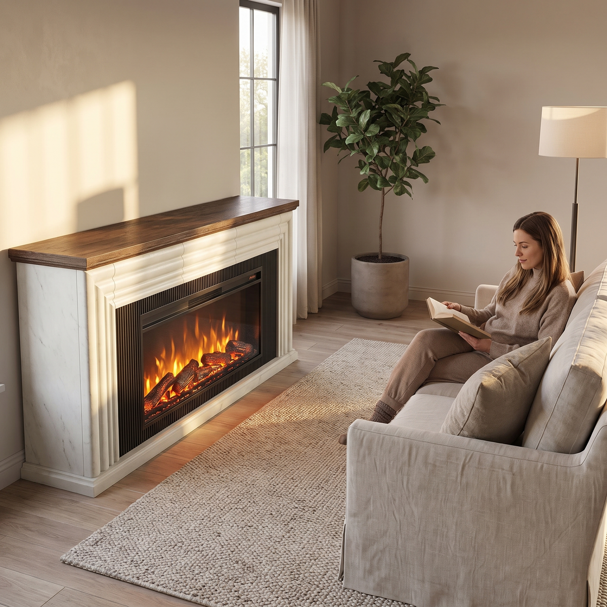75 Inch Electric Fireplace TV Stand, Farmhouse Media Console Entertainment Center for Living Rooms shown in a styled living room with a person relaxing nearby