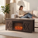 58 Inch Electric Fireplace TV Stand for TVs up to 65 Inch, 23" Firebox, Farmhouse Media Console Entertainment Center for Living Rooms shown in a styled living room with a person relaxing nearby
