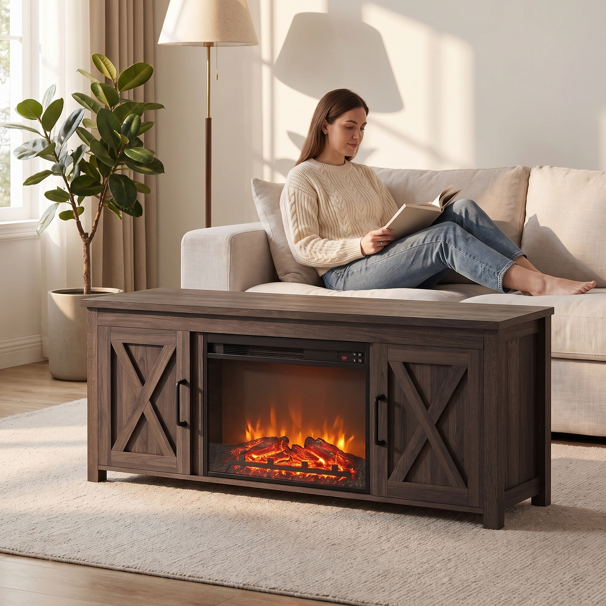 58 Inch Electric Fireplace TV Stand for TVs up to 65 Inch, 23" Firebox, Farmhouse Media Console Entertainment Center for Living Rooms shown in a styled living room with a person relaxing nearby