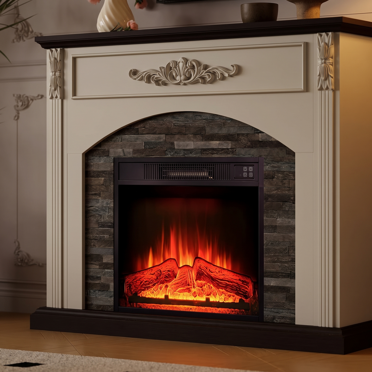 Close-up of the firebox and flame on the 44 Inch Electric Fireplace TV Stand with Mantel, Farmhouse Stacked Stone Surround, White Firebox Media Console