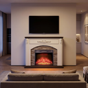 44 Inch Electric Fireplace TV Stand with Mantel, Farmhouse Stacked Stone Surround, White Firebox Media Console viewed across a furnished room, showing its scale against the wall
