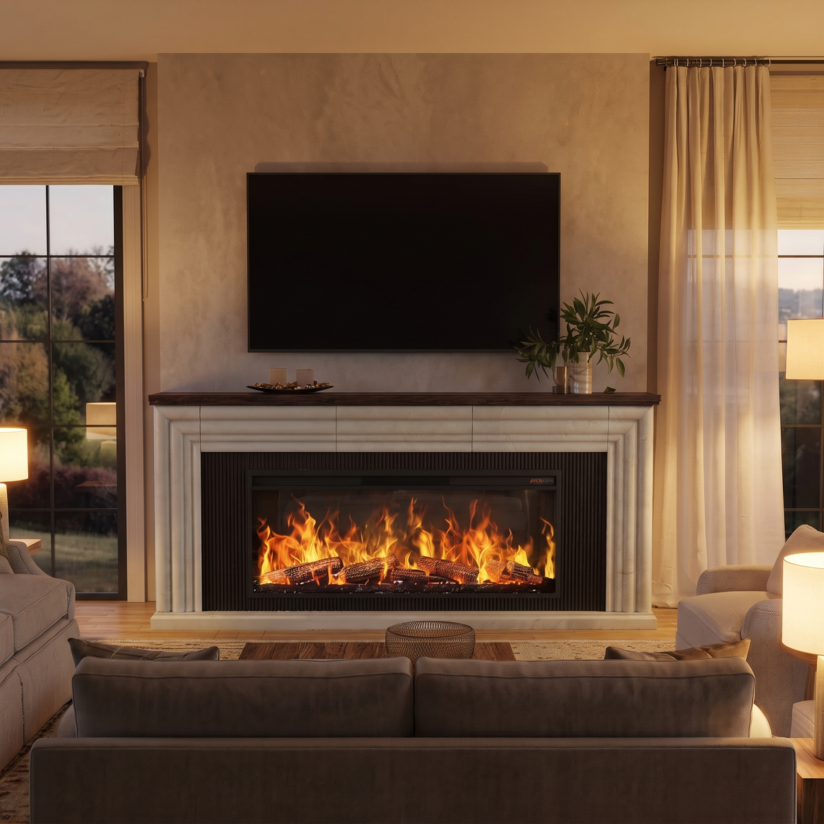 75 Inch Electric Fireplace TV Stand, Farmhouse Media Console Entertainment Center for Living Rooms viewed across a furnished room, showing its scale against the wall