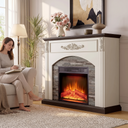 44 Inch Electric Fireplace TV Stand with Mantel, Farmhouse Stacked Stone Surround, White Firebox Media Console shown in a styled living room with a person relaxing nearby