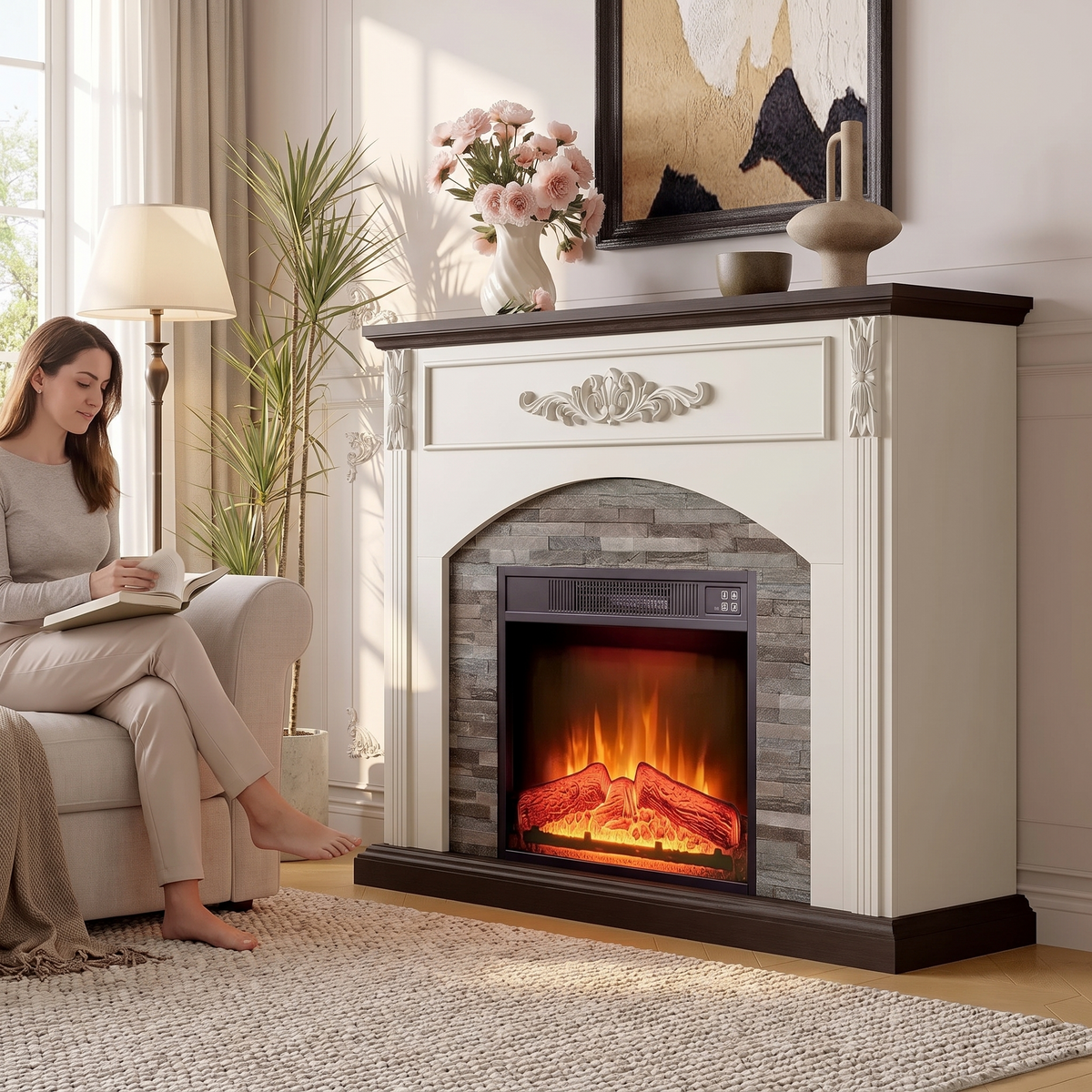 44 Inch Electric Fireplace TV Stand with Mantel, Farmhouse Stacked Stone Surround, White Firebox Media Console shown in a styled living room with a person relaxing nearby