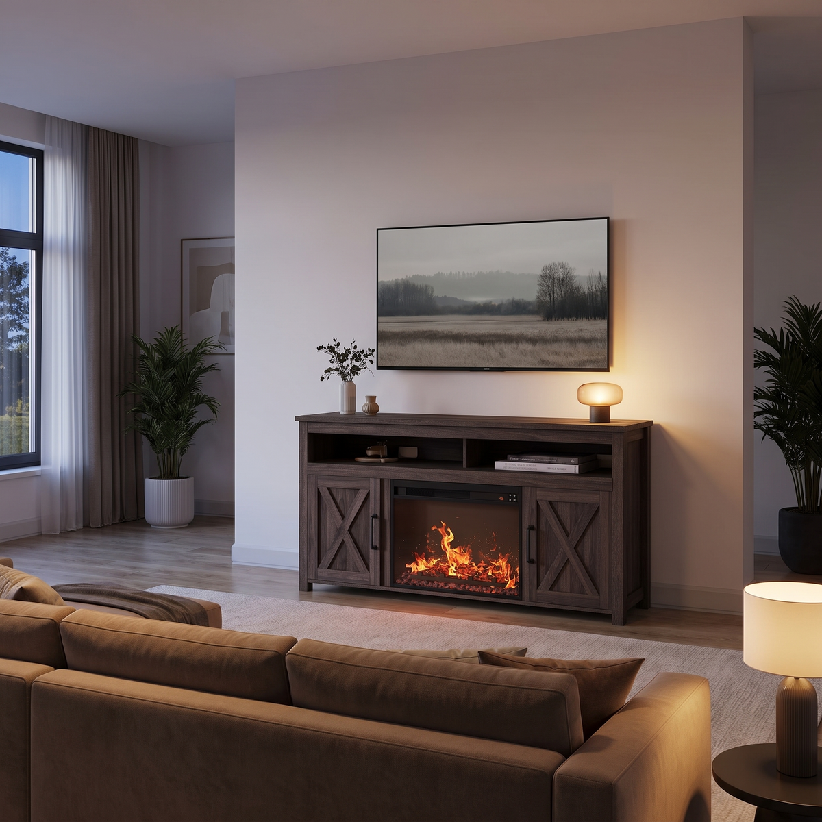 58 Inch Electric Fireplace TV Stand for TVs up to 65 Inch, 23" Firebox, Farmhouse Media Console Entertainment Center for Living Rooms viewed across a furnished room, showing its scale against the wall