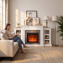 Electric Fireplace TV Stand for TVs up to 100 Inch, Farmhouse Media Console Entertainment Center, Adjustable LED Flame for Living Rooms shown in a styled living room with a person relaxing nearby