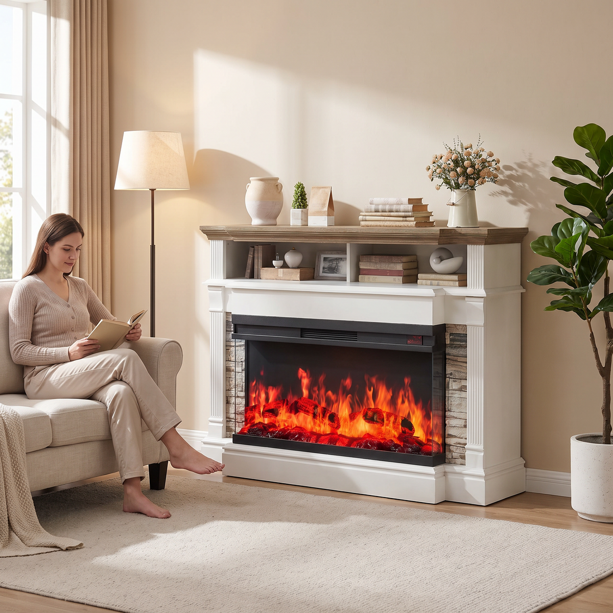Electric Fireplace TV Stand for TVs up to 65 Inch, Farmhouse Media Console Entertainment Center for Living Rooms shown in a styled living room with a person relaxing nearby