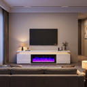 71 Inch Fireplace TV Stand with 40 Inch Electric Fireplace & Power Outlet for 80 Inch TV, High-Gloss Media Console with Storage viewed across a furnished room, showing its scale against the wall