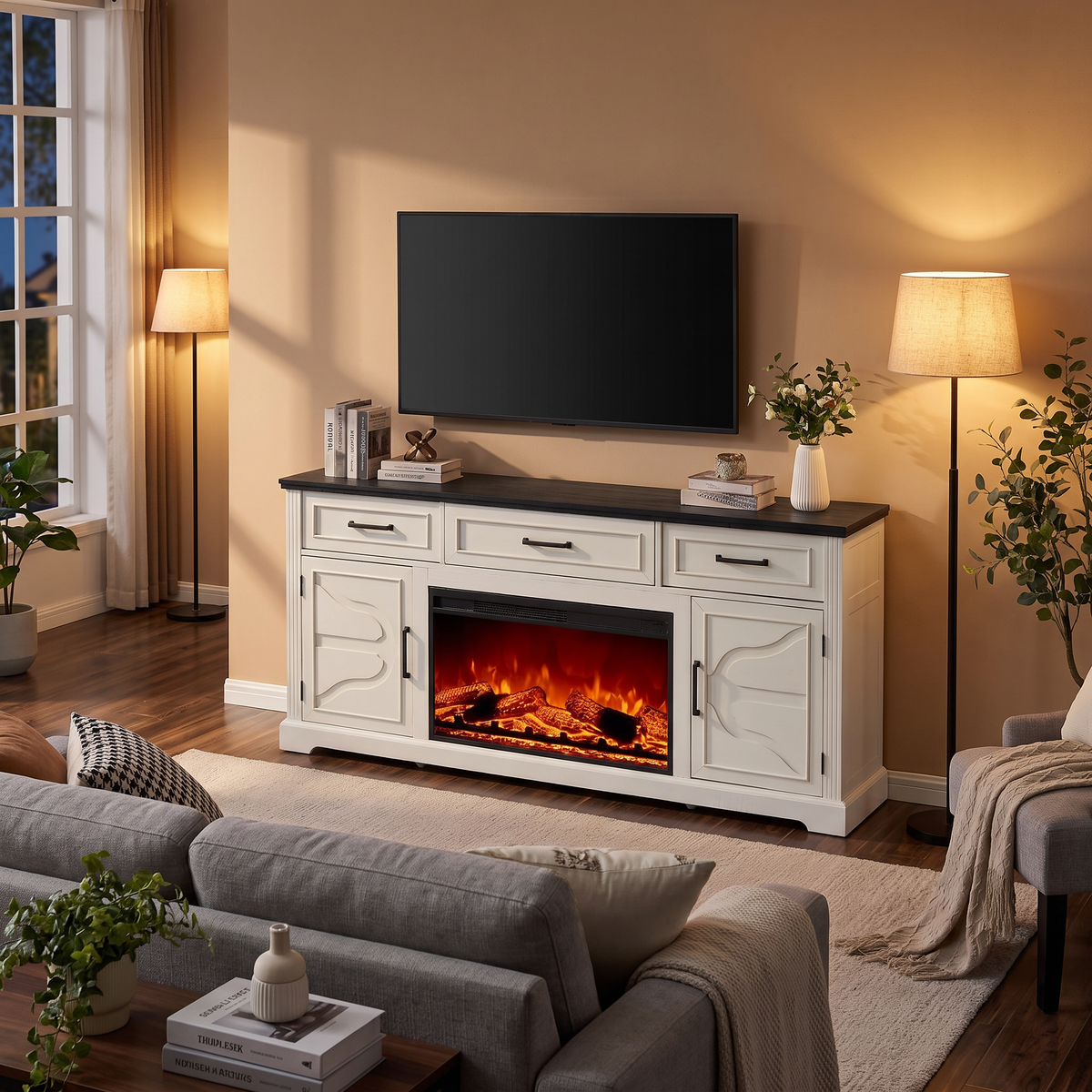 Fireplace TV Stand for TVs Up to 75 Inch, Electric Media Entertainment Center with Storage Cabinet & Console viewed across a furnished room, showing its scale against the wall