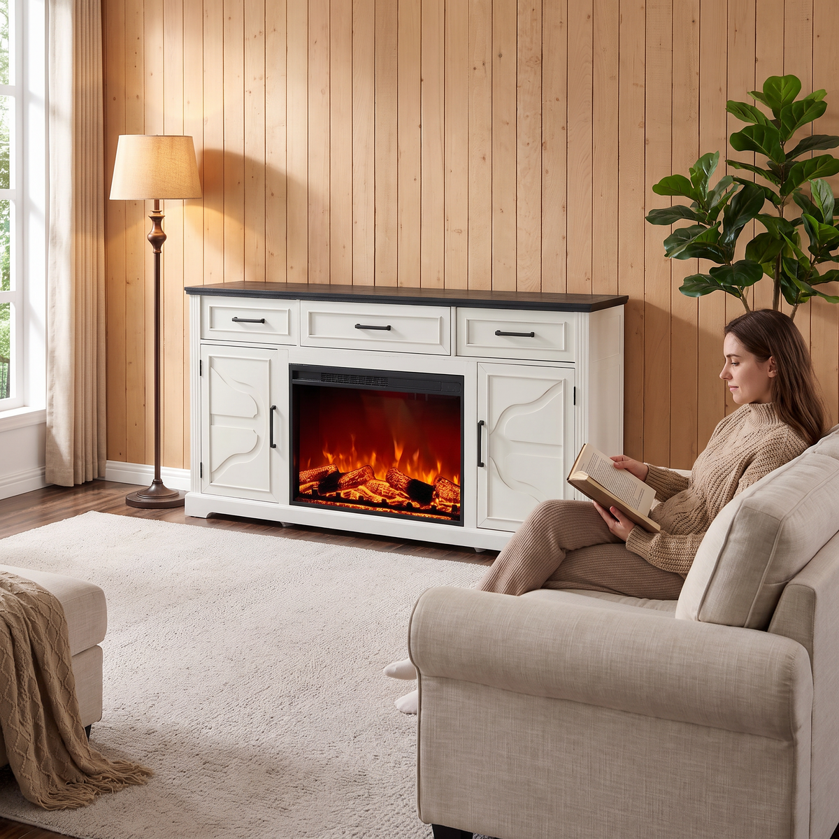 Fireplace TV Stand for TVs Up to 75 Inch, Electric Media Entertainment Center with Storage Cabinet & Console shown in a styled living room with a person relaxing nearby