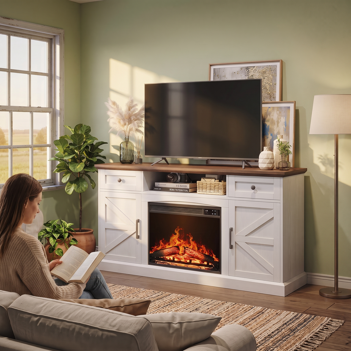 Farmhouse Fireplace TV Stand for TVs up to 70 Inch, Entertainment Center with 23 Inch Electric Fireplace, Drawers & Storage, Antique White shown in a styled living room with a person relaxing nearby