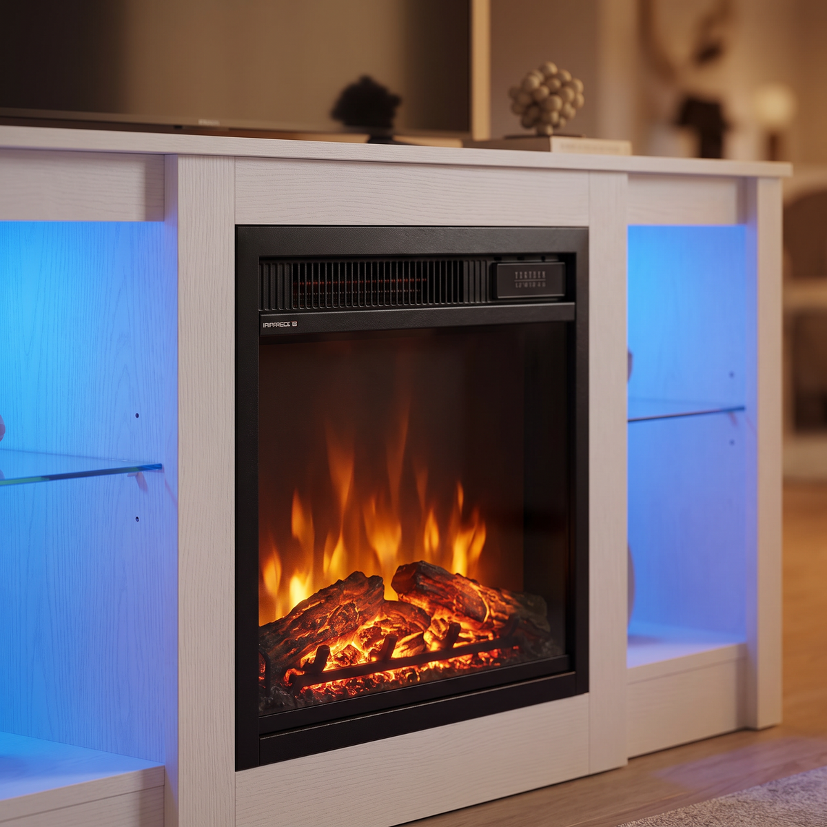 Close-up of the firebox and flame on the 65 Inch Fireplace TV Stand with LED Lights, Modern Electric Fireplace TV Console with Storage