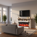 Electric Fireplace TV Stand for TVs up to 65 Inch, Farmhouse Media Console Entertainment Center for Living Rooms viewed across a furnished room, showing its scale against the wall