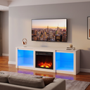65 Inch Fireplace TV Stand with LED Lights, Modern Electric Fireplace TV Console with Storage viewed across a furnished room, showing its scale against the wall