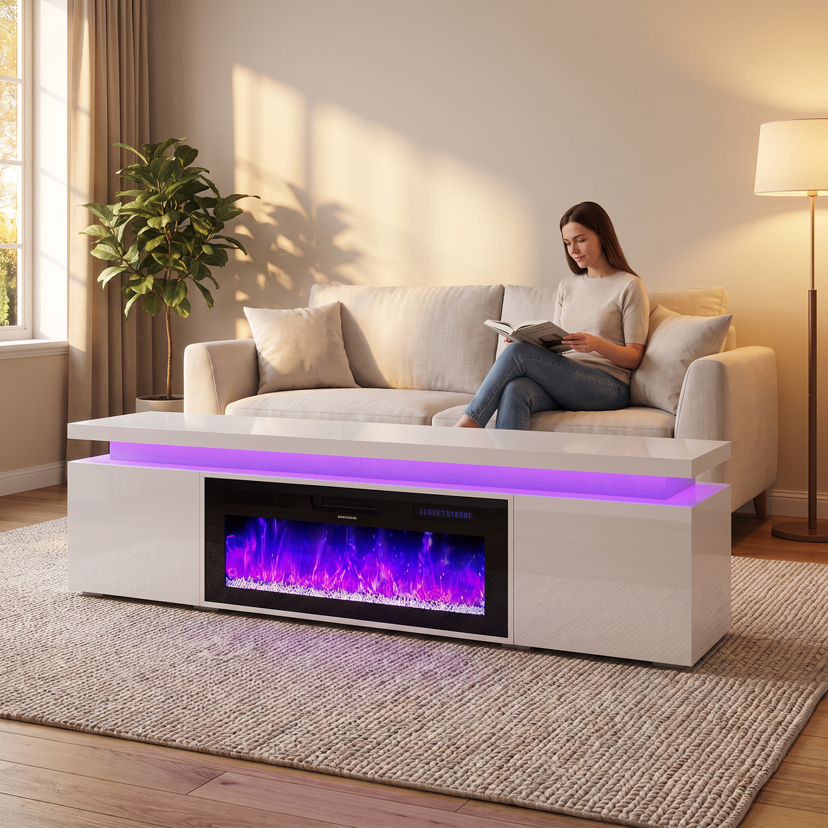 71 Inch Fireplace TV Stand with 40 Inch Electric Fireplace & Power Outlet for 80 Inch TV, High-Gloss Media Console with Storage shown in a styled living room with a person relaxing nearby