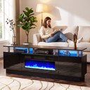 Double-Tier Electric Fireplace TV Stand for TVs up to 80 Inch with LED Lights, Black Two-Level Media Console shown in a styled living room with a person relaxing nearby