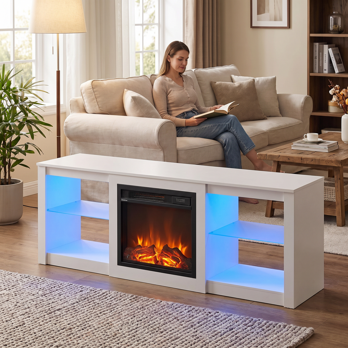 65 Inch Fireplace TV Stand with LED Lights, Modern Electric Fireplace TV Console with Storage shown in a styled living room with a person relaxing nearby