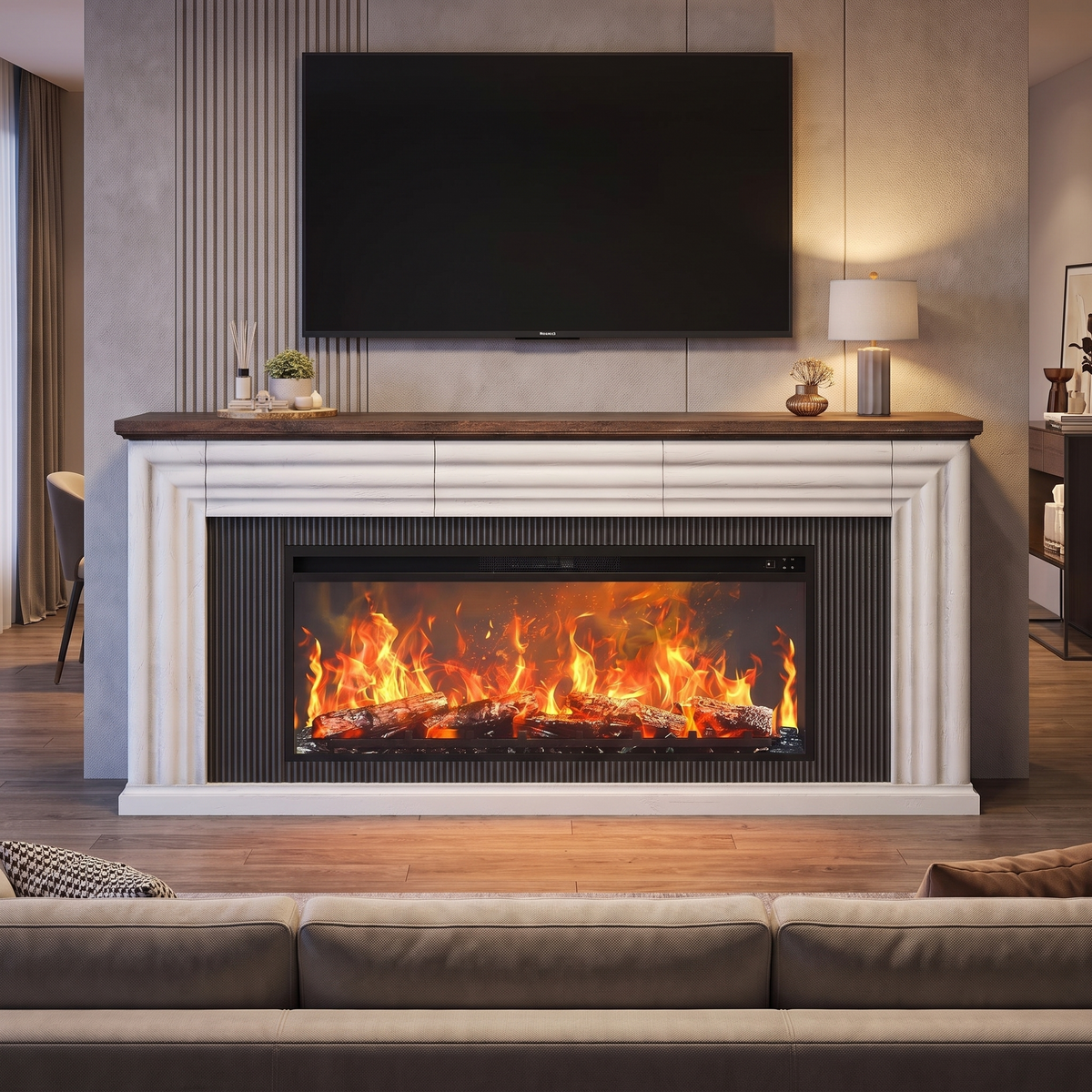 70" Fireplace TV Stand with 42" Electric Fireplace, Farmhouse TV Stand for 65 75 Inch TV, Entertainment Center TV Console viewed across a furnished room, showing its scale against the wall