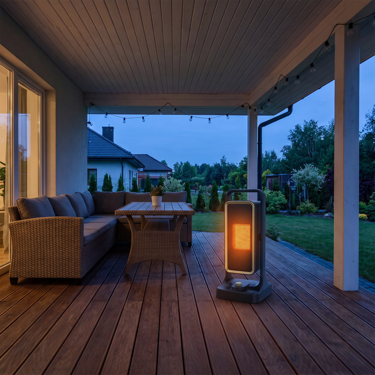 Portable Electric Patio Heater 900W, PTC Ceramic Space Heater with 2 Speeds for Indoor & Outdoor, Office & Balcony viewed across a furnished room, showing its scale against the wall