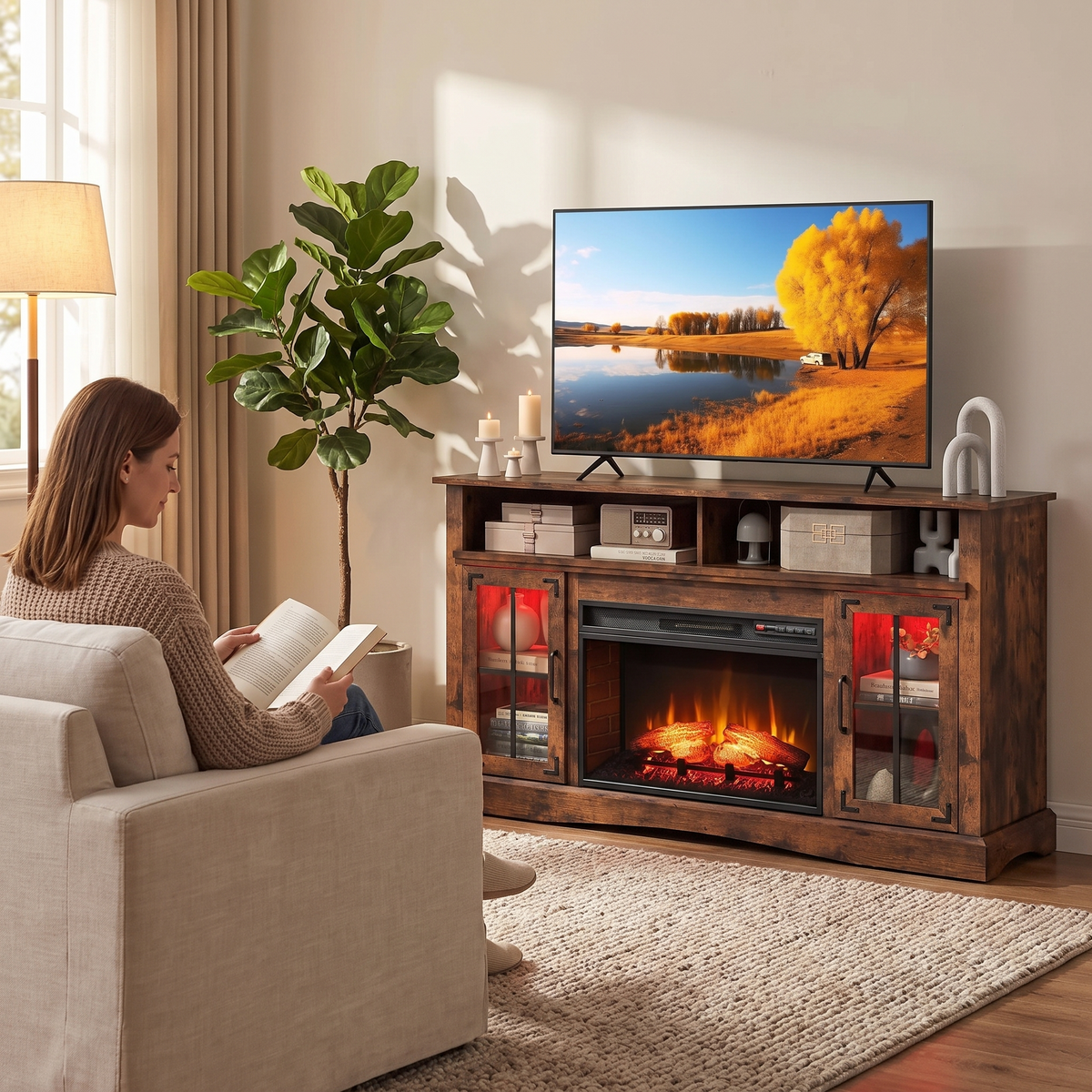 Fireplace TV Stand for TVs Up to 65", Adjustable Shelves LED Light Entertainment Center with Electric Fireplace shown in a styled living room with a person relaxing nearby