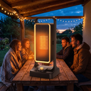 Portable Electric Patio Heater 900W, PTC Ceramic Space Heater with 2 Speeds for Indoor & Outdoor, Office & Balcony shown in a styled living room with a person relaxing nearby