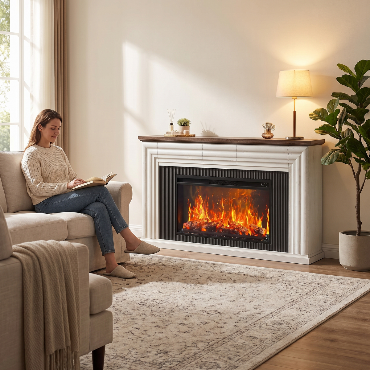 70" Fireplace TV Stand with 42" Electric Fireplace, Farmhouse TV Stand for 65 75 Inch TV, Entertainment Center TV Console shown in a styled living room with a person relaxing nearby