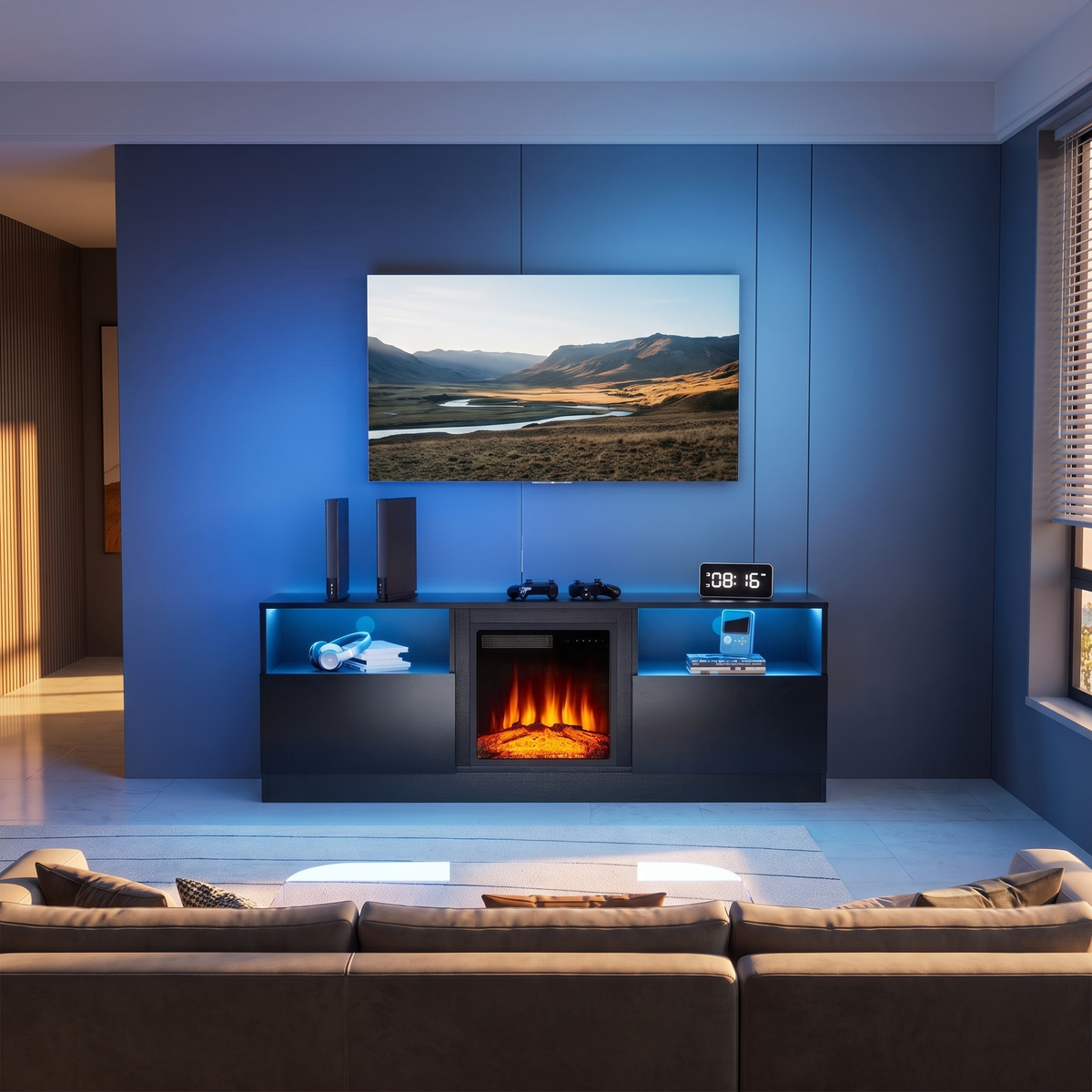 Electric Fireplace TV Stand for TVs up to 65 Inch, 18" Firebox for Living Rooms viewed across a furnished room, showing its scale against the wall