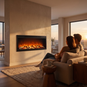50 Inch Linear Electric Fireplace, Recessed & Wall Mounted Fireplace Heater with Crystal Log Set, Adjustable Flame Color, 750W/1500W, Timer & Remote shown in a styled living room with a person relaxing nearby