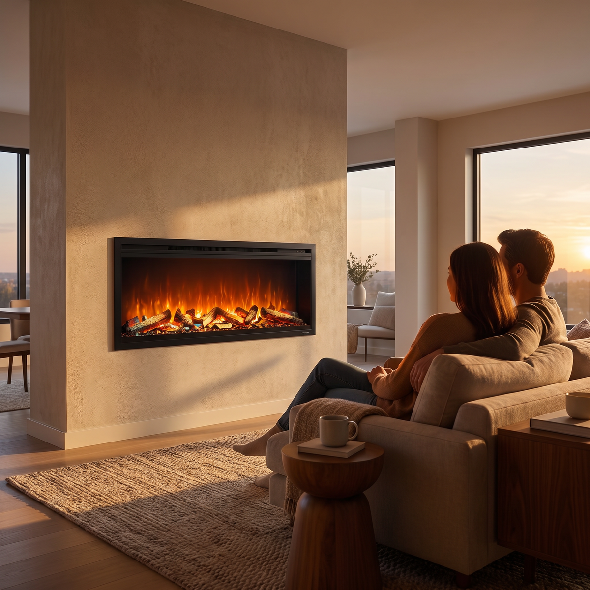 50 Inch Linear Electric Fireplace, Recessed & Wall Mounted Fireplace Heater with Crystal Log Set, Adjustable Flame Color, 750W/1500W, Timer & Remote shown in a styled living room with a person relaxing nearby