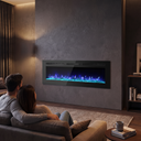 60 Inch Slim Recessed Electric Fireplace, Wall Mounted Linear LED Fireplace with Digital Thermostat, Blower Fan & Remote, 750-1500W, Black shown in a styled living room with a person relaxing nearby