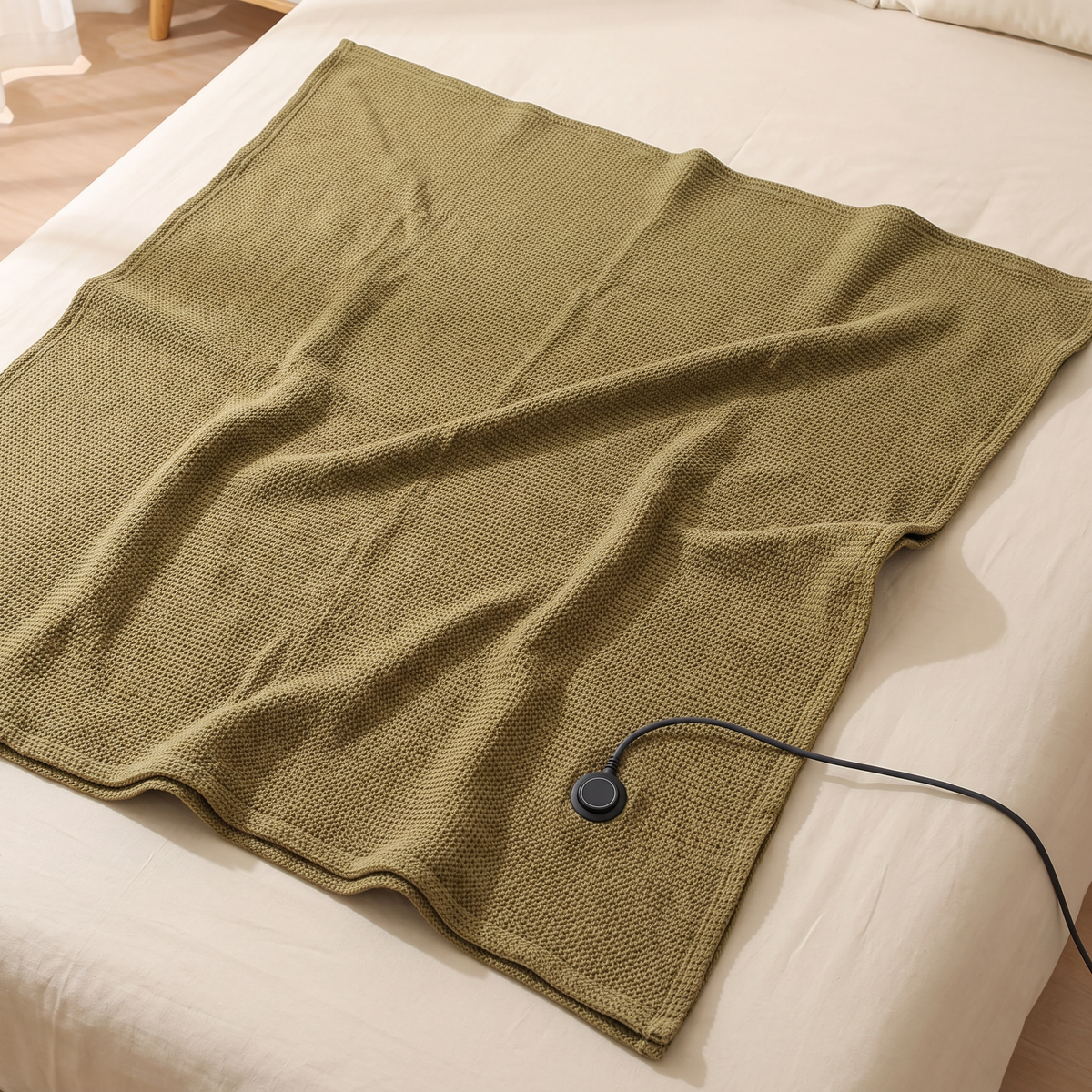 Angled view of the USB Heated Shawl Wrap with Zipper, 3 Temperature Levels, Portable Electric Warming Blanket for Indoor & Outdoor Use in a styled setting