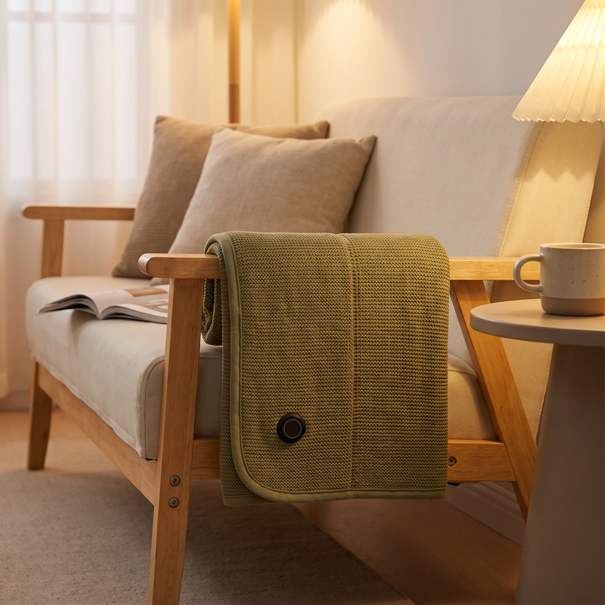 USB Heated Shawl Wrap with Zipper, 3 Temperature Levels, Portable Electric Warming Blanket for Indoor & Outdoor Use viewed across a furnished room, showing its scale against the wall