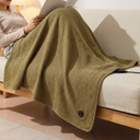USB Heated Shawl Wrap with Zipper, 3 Temperature Levels, Portable Electric Warming Blanket for Indoor & Outdoor Use shown in a styled living room with a person relaxing nearby