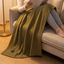 USB Heated Shawl Wrap with Zipper, 3 Temperature Levels, Portable Electric Warming Blanket for Indoor & Outdoor Use shown in a styled living room with a person relaxing nearby