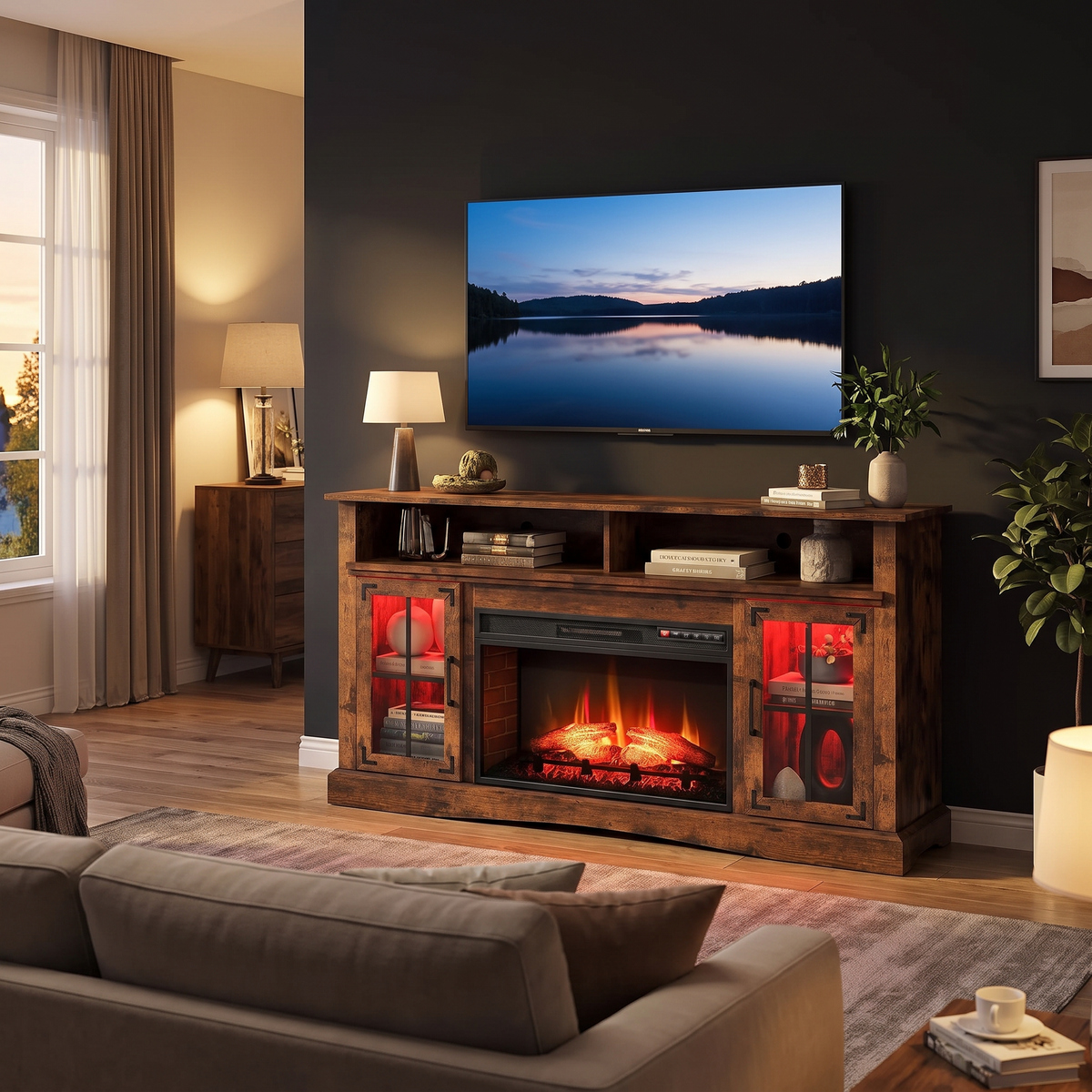 Fireplace TV Stand for TVs Up to 65", Adjustable Shelves LED Light Entertainment Center with Electric Fireplace viewed across a furnished room, showing its scale against the wall