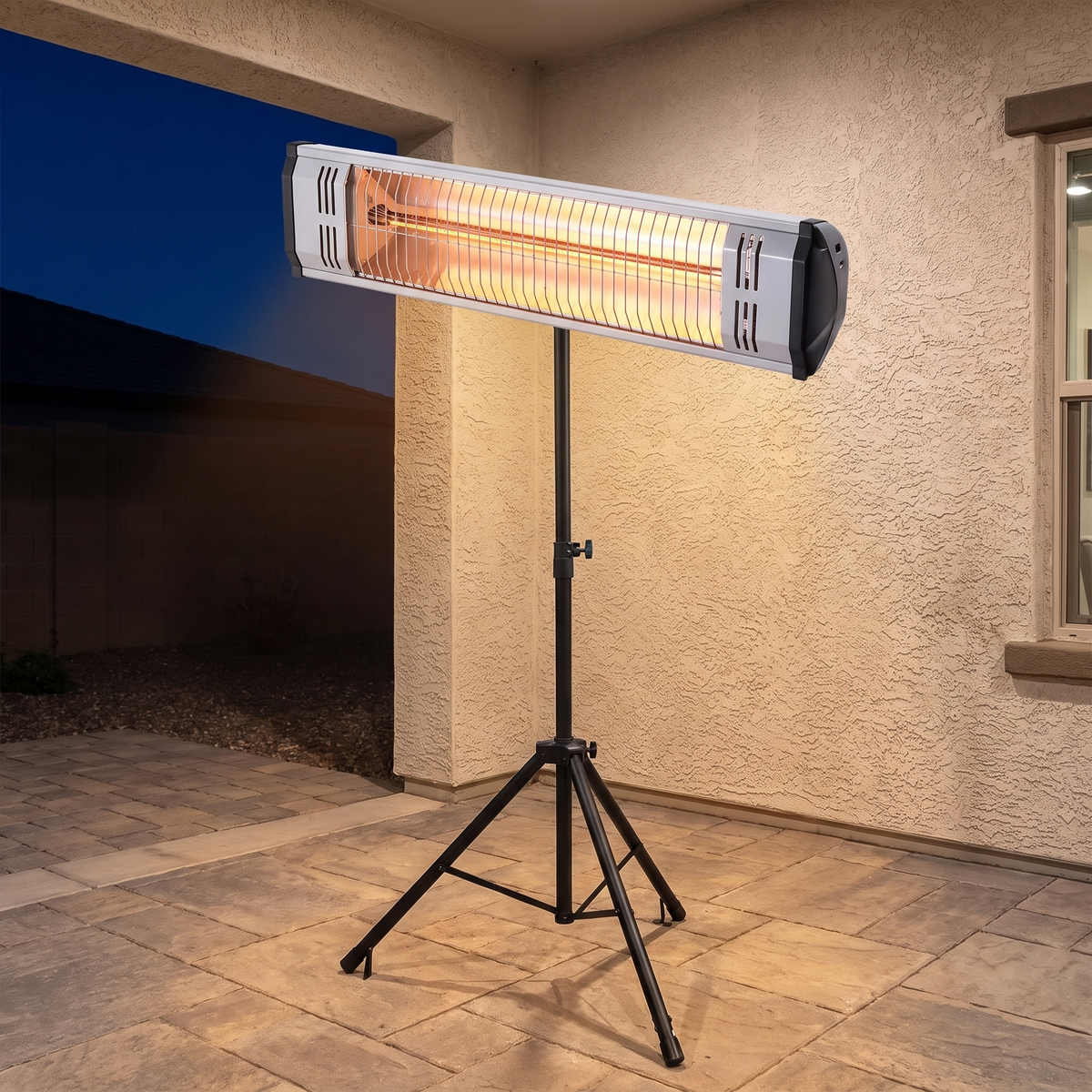 Angled view of the Far-Infrared Wall-Mounted Outdoor Heater, Waterproof Electric Heater for Patio, Restaurant & Covered Areas in a styled setting