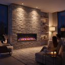 Ultra-Slim Wall Mounted Electric Fireplace, Recessed Linear Fireplace Heater 5000 BTU with Remote & Timer — 42, 50, 60, 68 Inch shown in a styled living room with a person relaxing nearby