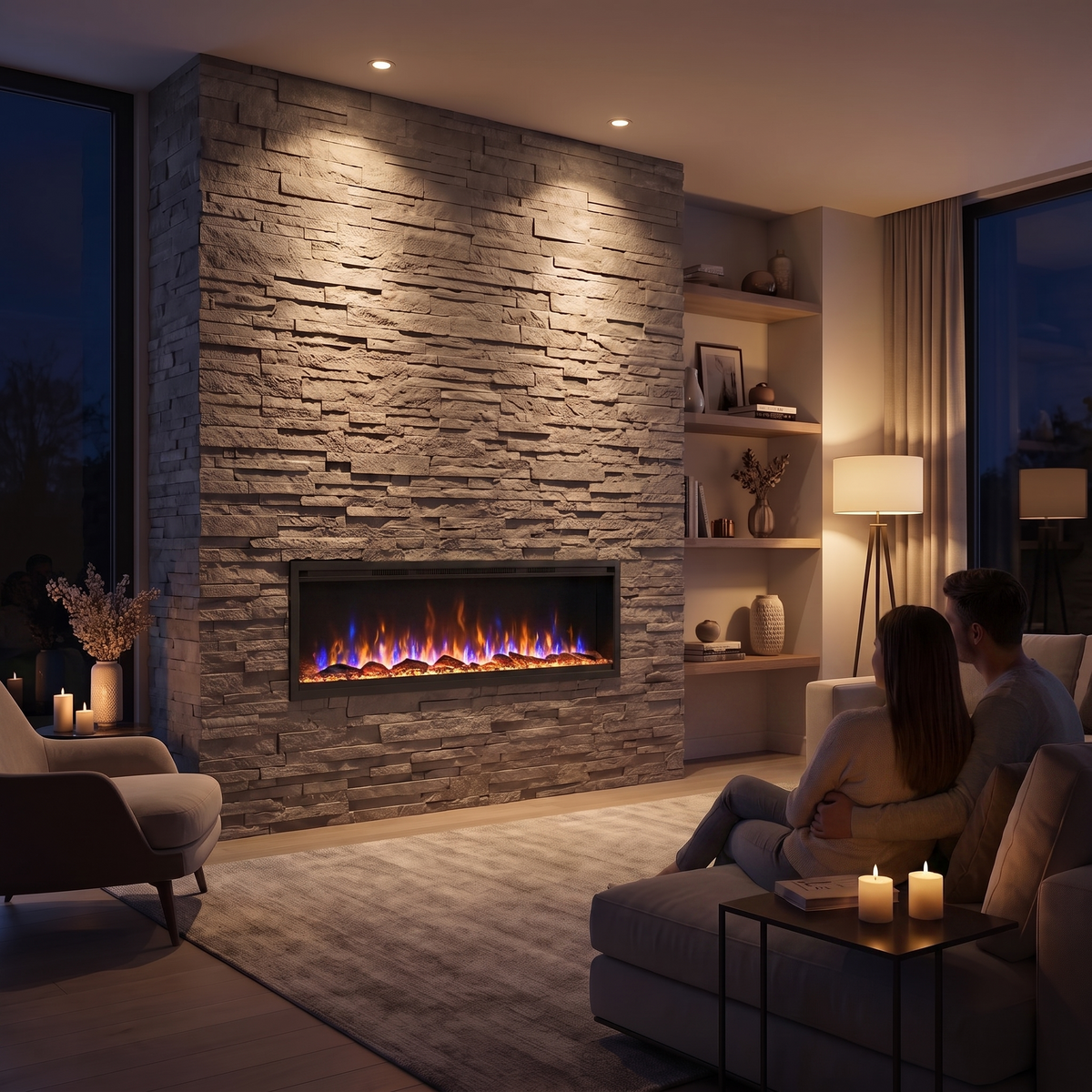 Ultra-Slim Wall Mounted Electric Fireplace, Recessed Linear Fireplace Heater 5000 BTU with Remote & Timer — 42, 50, 60, 68 Inch shown in a styled living room with a person relaxing nearby
