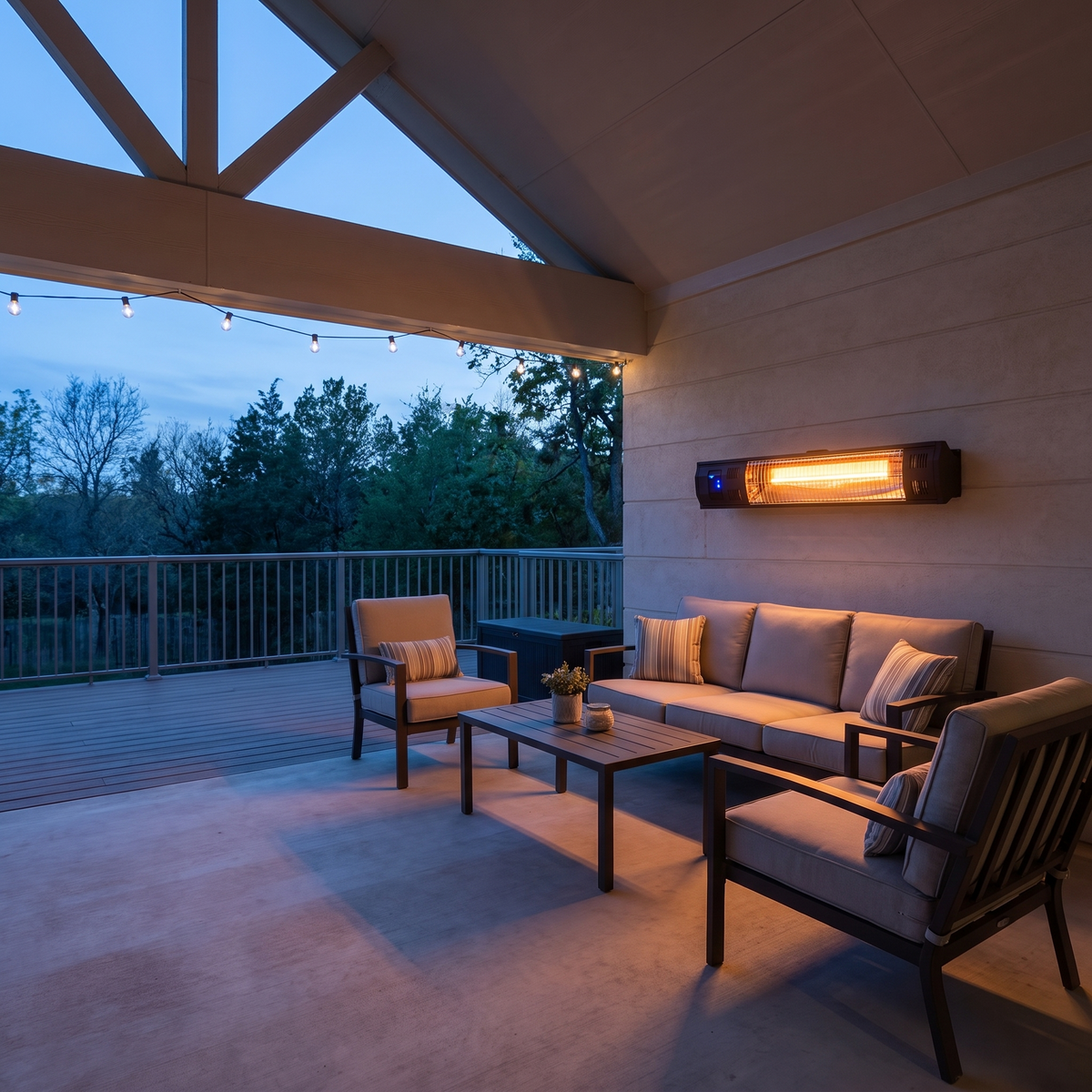 Wall Mounted Quartz Infrared Patio Heater with Remote Control, IP65 Outdoor Electric Radiant Heater viewed across a furnished room, showing its scale against the wall
