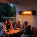 Wall Mounted Quartz Infrared Patio Heater with Remote Control, IP65 Outdoor Electric Radiant Heater shown in a styled living room with a person relaxing nearby