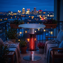 Bistro Table Patio Heater, Infrared Electric Outdoor Heater with Built-In Table Top for Deck & Balcony Entertaining viewed across a furnished room, showing its scale against the wall