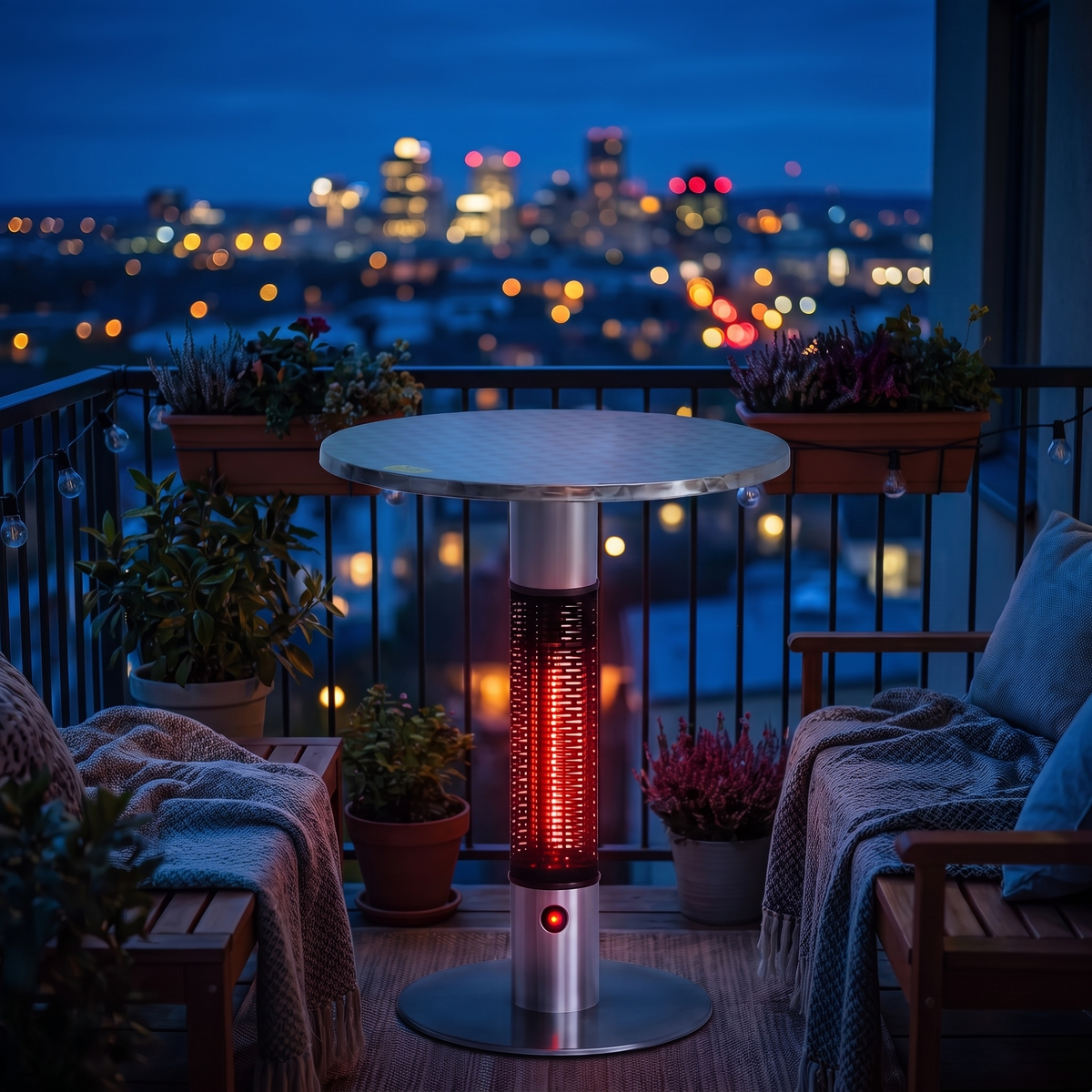 Bistro Table Patio Heater, Infrared Electric Outdoor Heater with Built-In Table Top for Deck & Balcony Entertaining viewed across a furnished room, showing its scale against the wall
