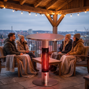 Bistro Table Patio Heater, Infrared Electric Outdoor Heater with Built-In Table Top for Deck & Balcony Entertaining shown in a styled living room with a person relaxing nearby