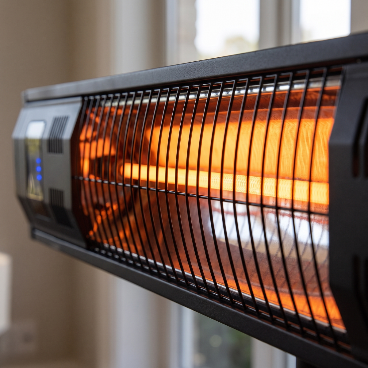 Close-up of the heating element and housing on the Wall Mounted Quartz Infrared Patio Heater with Remote Control, IP65 Outdoor Electric Radiant Heater