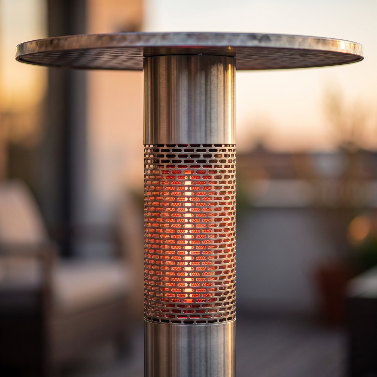 Close-up of the heating element and housing on the Bistro Table Patio Heater, Infrared Electric Outdoor Heater with Built-In Table Top for Deck & Balcony Entertaining