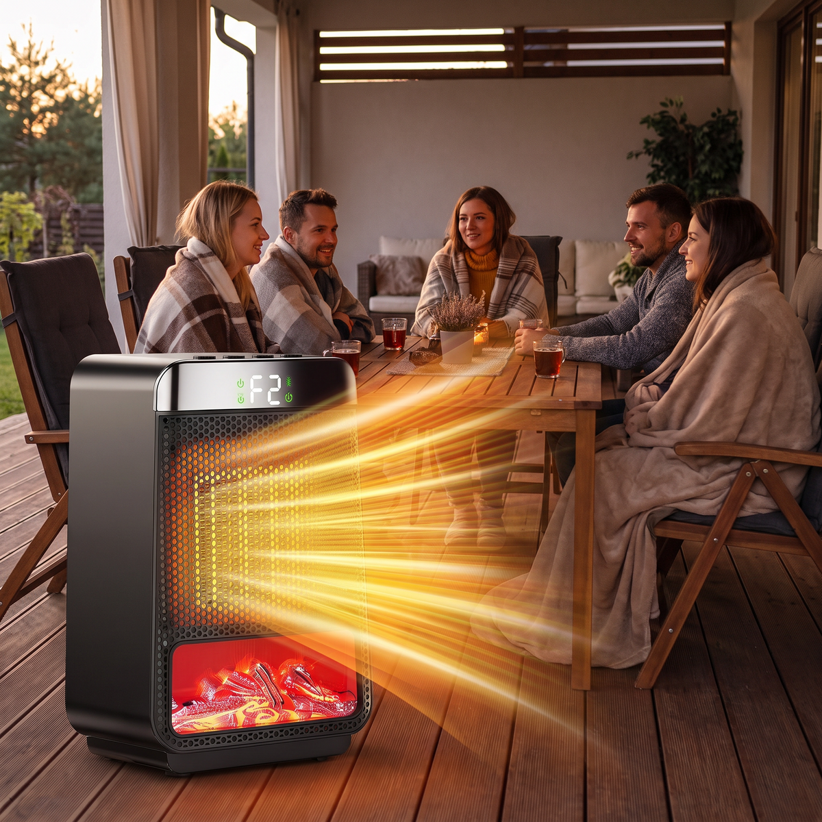 Portable Electric Space Heater, PTC Ceramic Heating, Overheat Protection for Desks, Bedrooms and Home Offices shown in a styled living room with a person relaxing nearby