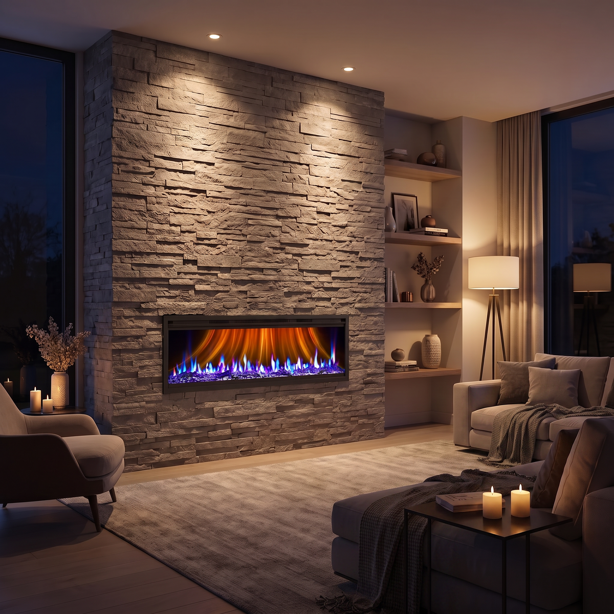 Ultra-Slim Wall Mounted Electric Fireplace, Recessed Linear Fireplace Heater 5000 BTU with Remote & Timer — 42, 50, 60, 68 Inch viewed across a furnished room, showing its scale against the wall